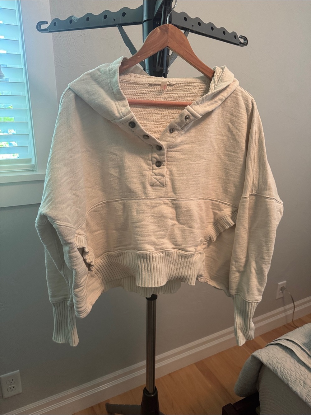 Free People Cream Button-Front Hooded Pullover
